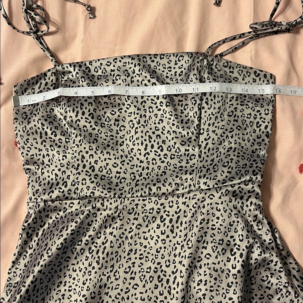 Socialite Satin Leopard Print Tie Strap Mini Dress Small | Smocked Back Animal - Picture 3 of 12